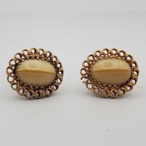 Men's Vintage Cuff Links Pair Gold-Tone & Cream Cabochon Ornate Filigree Bezel